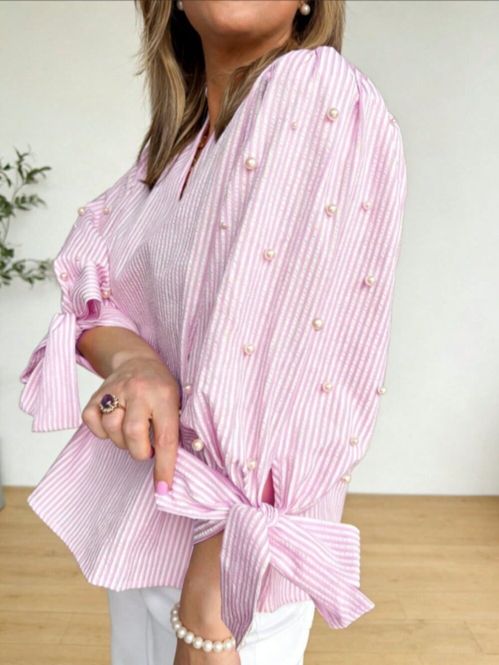 Pink Elegant Women's Striped Faux Pearl Bowknot Ruffle Hem Tie Front Blouse